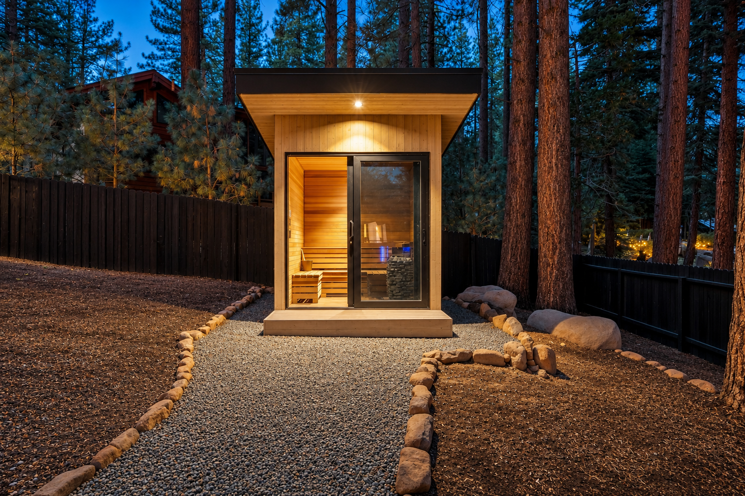 Private sauna illuminated at blue hour among the pine trees