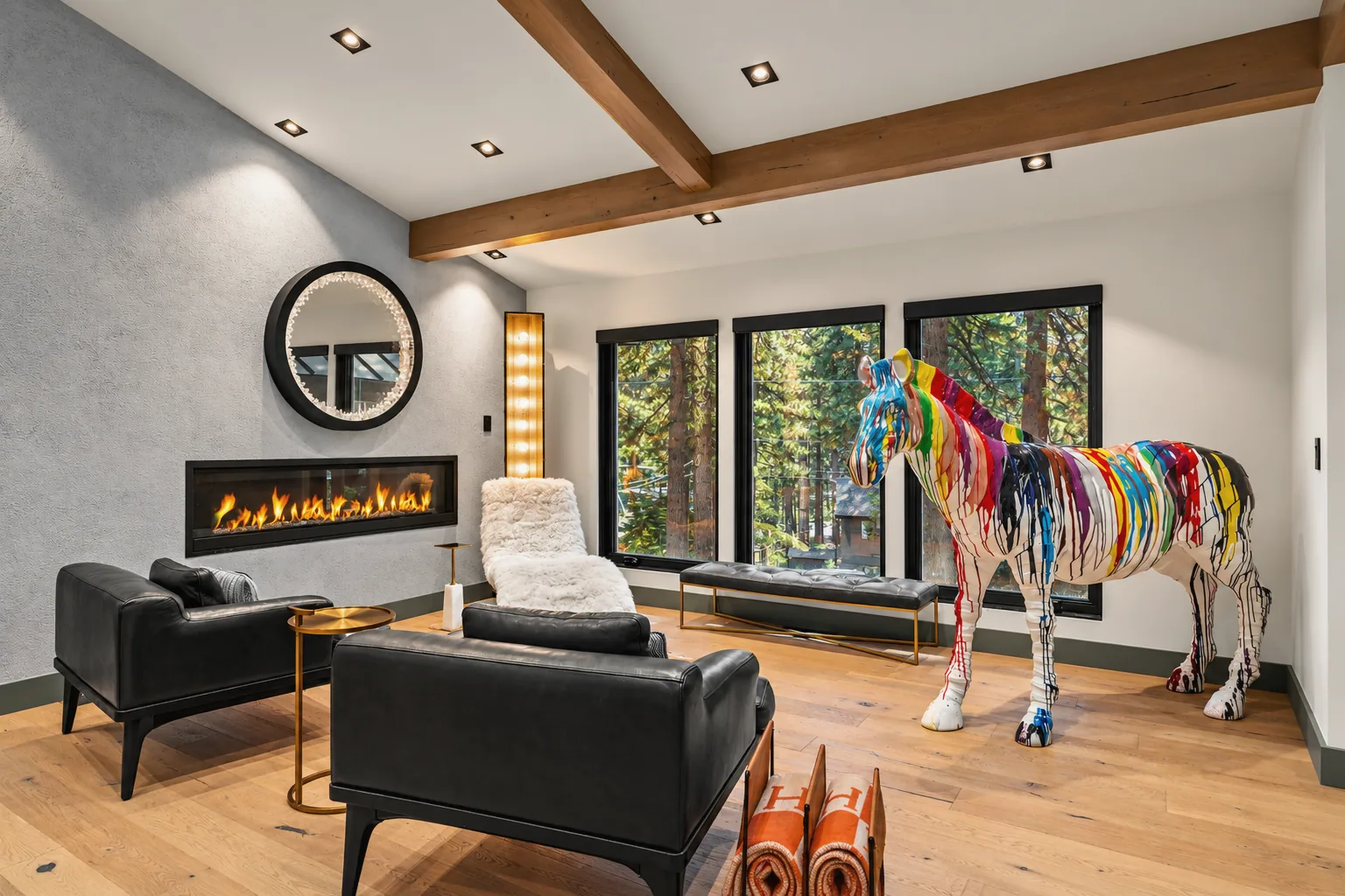 Modern Lounge with Colorful Zebra Sculpture