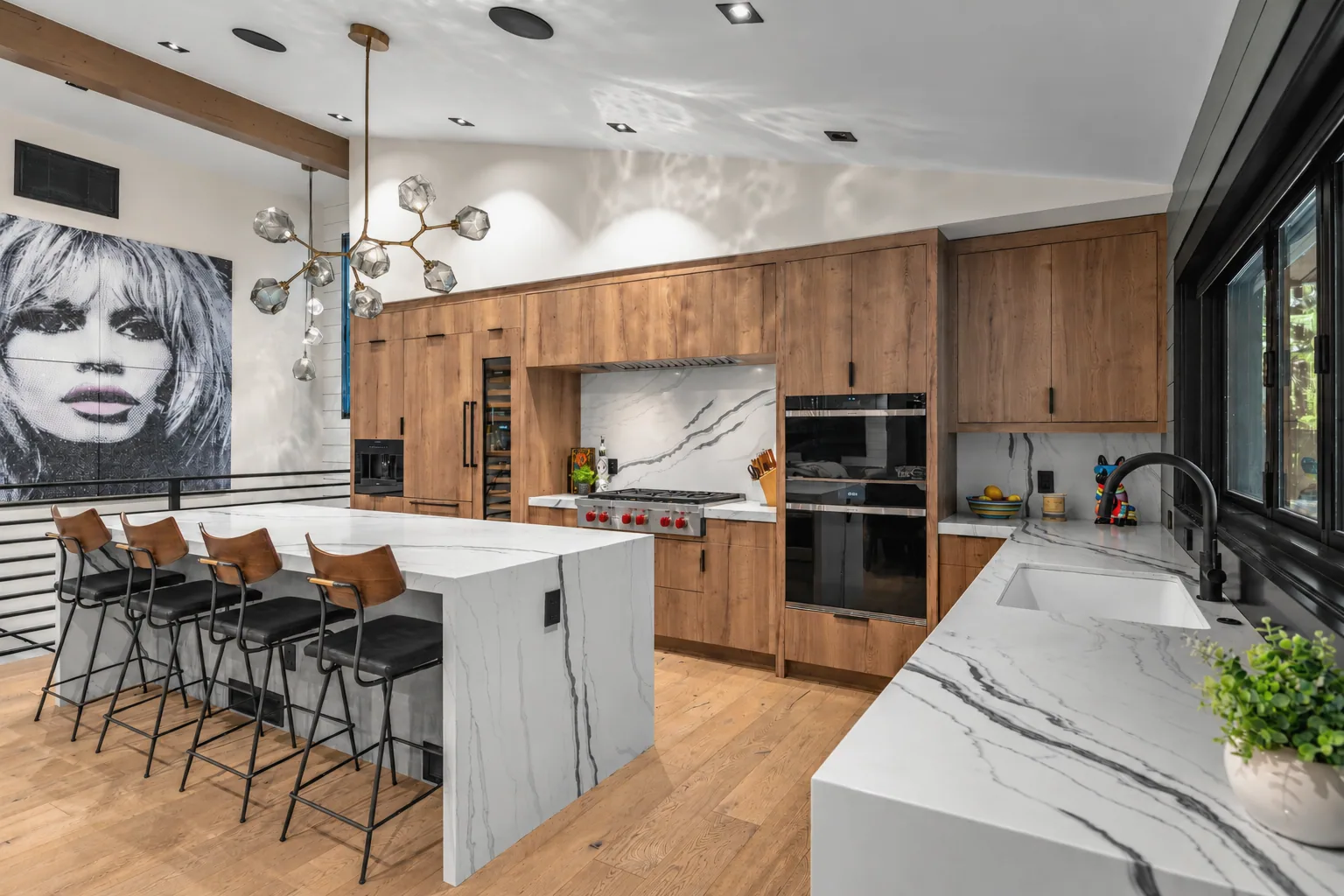Modern Oak Kitchen with Smoky Glass Chandelier
