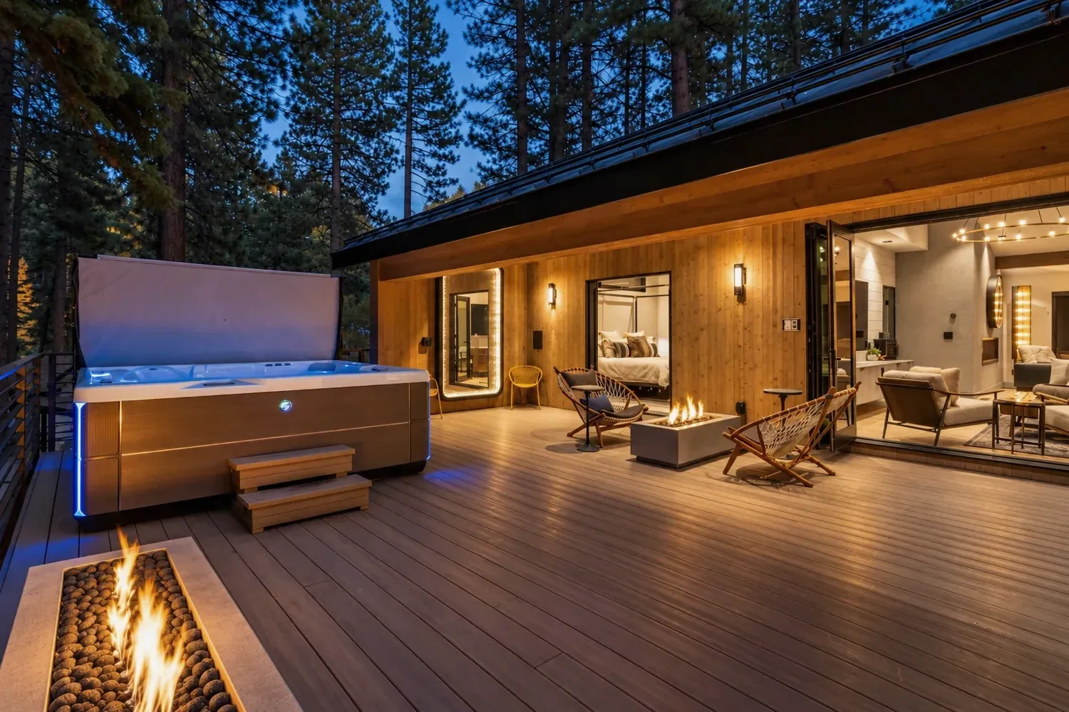 Twilight deck, hot tub and fire features