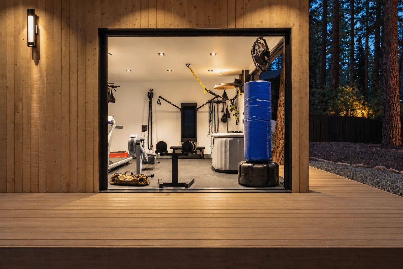 Twilight View of a Modern Home Gym