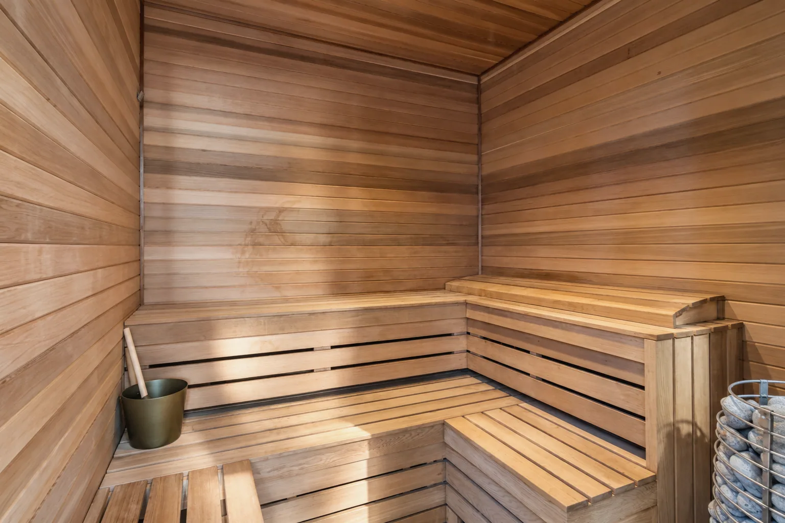 Warm Cedar Sauna Interior with Stone Heater