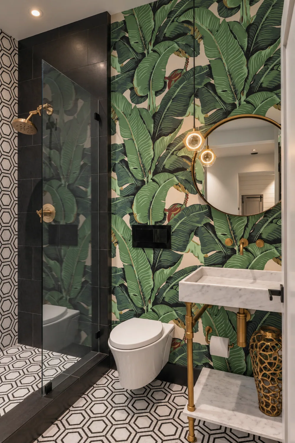 Warmly Lit Tropical Marble Bathroom